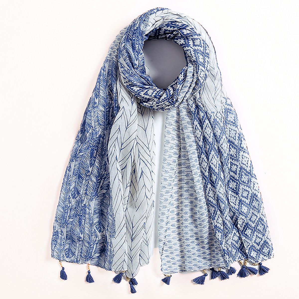 Sciarpa da spiaggia in seta con piume blu e cotone sottile per il tempo libero, per le vacanze_voghion.com