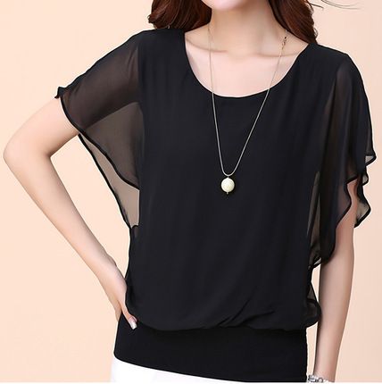 Neue Sommer Damen Plus Size Solid Color Süße Kurzarm T-Shirt Chiffon Bluse für Frauen_voghion.com