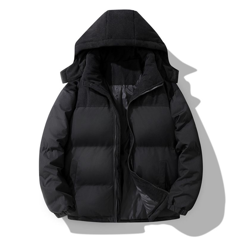 Unisex Color-Block Corduroy Puffer Jacket – Stand Collar Hooded Winter Coat (XS-2XL, Black/Khaki/Green)_voghion.com