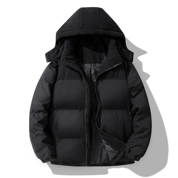 Unisex Color-Block Corduroy Puffer Jacket – Stand Collar Hooded Winter Coat (XS-2XL, Black/Khaki/Green)_voghion.com
