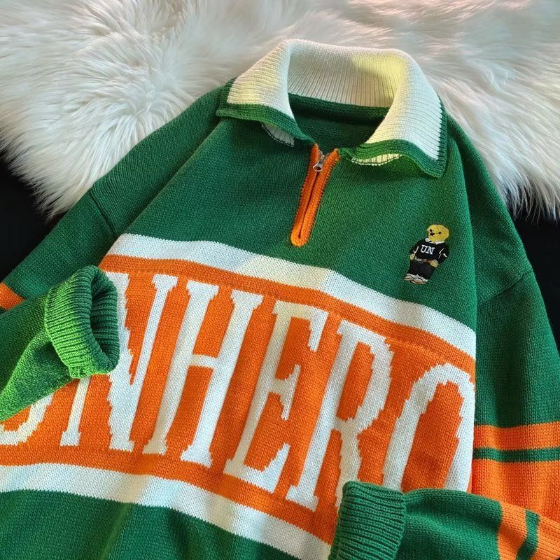Abbigliamento maschile Maglione con collo polo e lettere dei cartoni animati, da uomo, autunno e inverno, con colori a contrasto, stile coppia, mezza cerniera, bavero, top_voghion.com