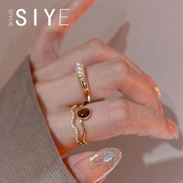 Anello aperto con pietra occhio di gatto in stile corte francese per donna, personalità alla moda, doppio strato di zircone_voghion.com