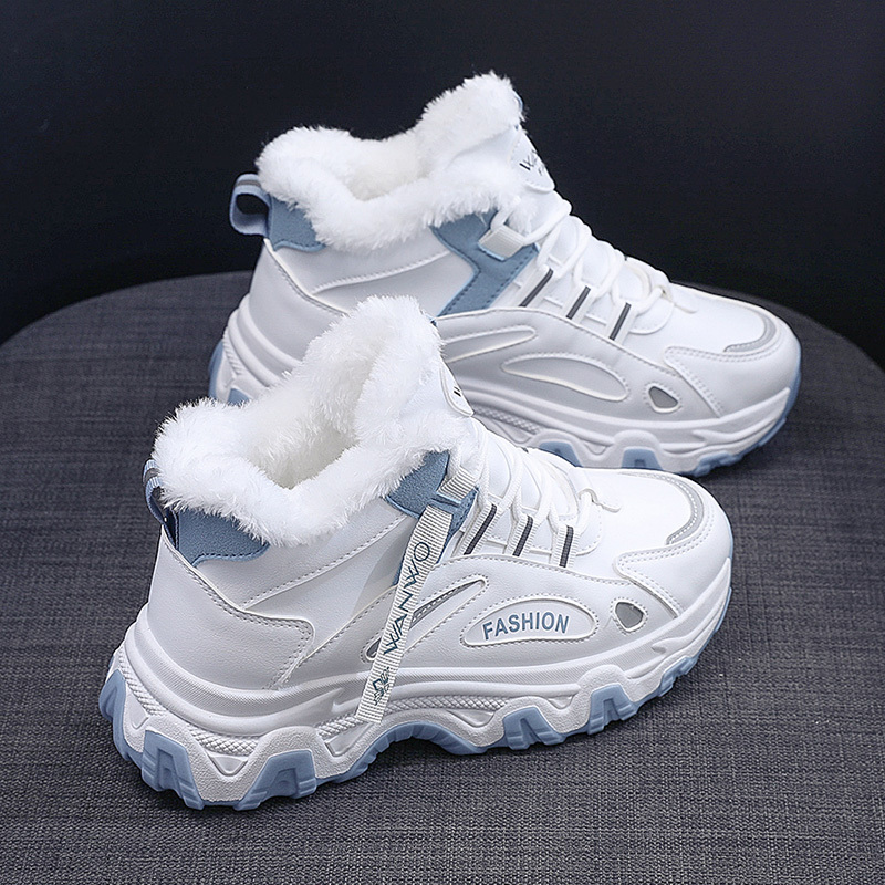 Casual sneakers för kvinnor, tjock sula med färgblock tjocka sneakers, varma plyschfodrade och halkfria löparskor_voghion.com