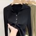 Women's Turn-Down Collar Knitted Long Sleeve Top - Soft Loose Fit Casual Blouse For Autumn & Spring_voghion.com
