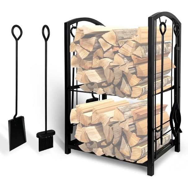 Camino Camino Portalegna 2 Strati 4 Pezzi Legna da ardere e Attrezzi per legna da ardere Accessori in metallo con set per stufa interna S Rack_voghion.com