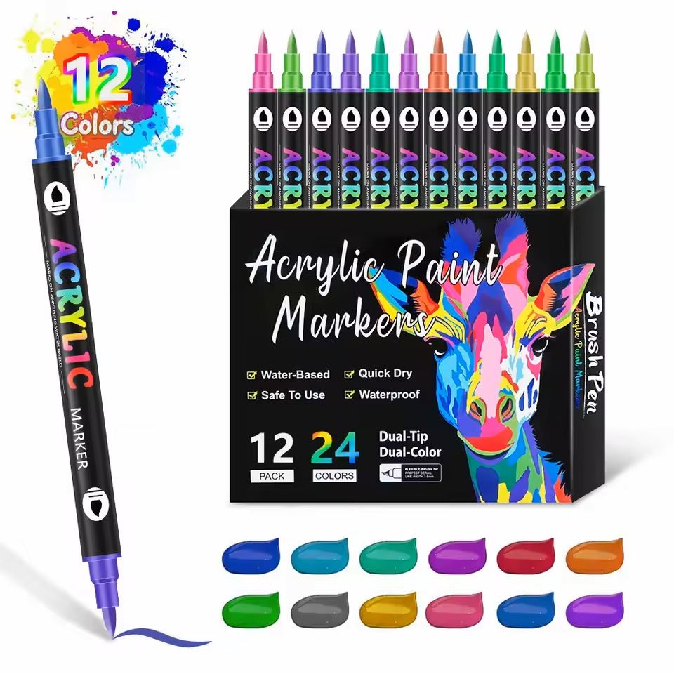 Dual-Tip Acrylic Paint Markers Set - Soft Brush & Fine Tip, Quick-Drying, Vibrant Colors For Artists, Students, Doodling & Crafting_voghion.com