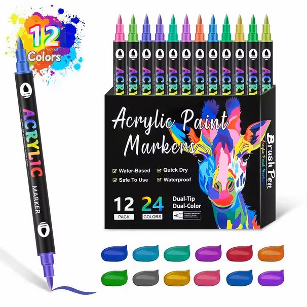Dual-Tip Acrylic Paint Markers Set - Soft Brush & Fine Tip, Quick-Drying, Vibrant Colors For Artists, Students, Doodling & Crafting_voghion.com