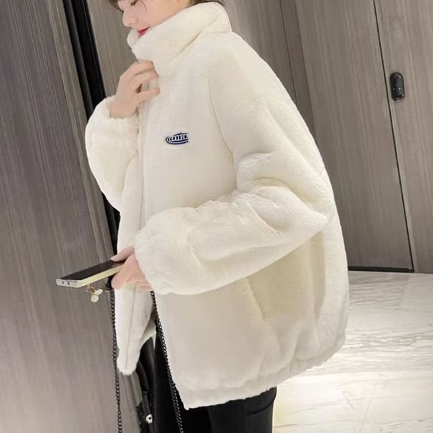 Women's Clothing Wool Coat Winter Thickened Plush Stand Collar Women's Pink Fleece Jacket Winter Thickened Cozy Baseball Coat With Stand Collar_voghion.com
