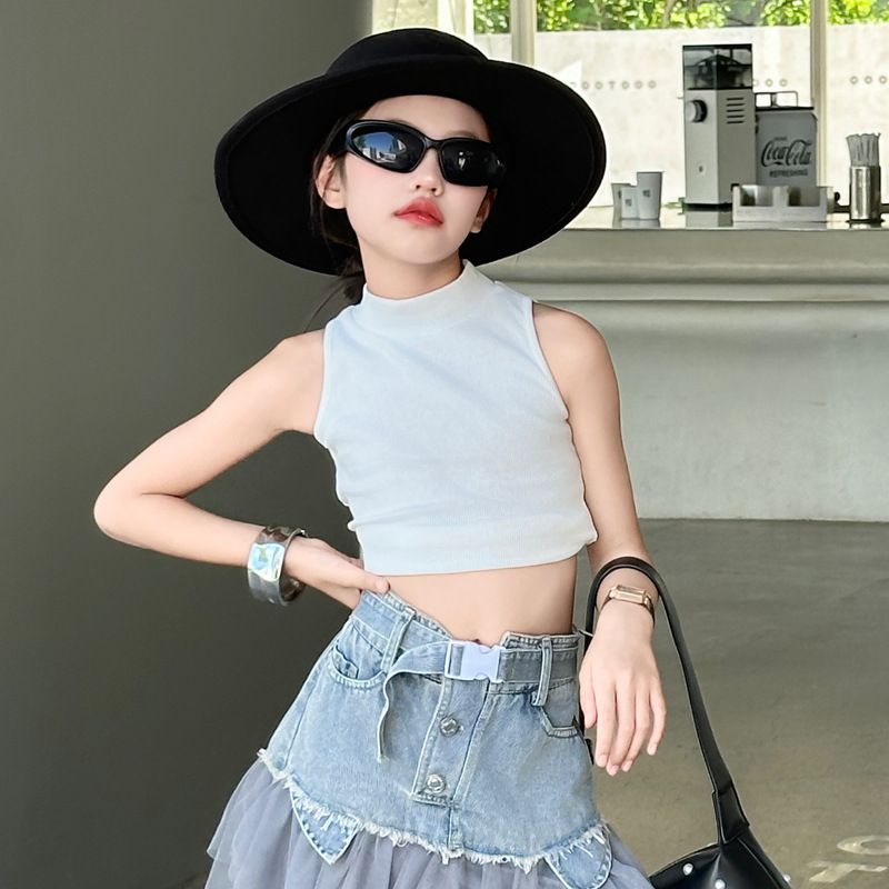 Kid's Clothing Girls summer dress suit 2024 new style Internet celebrity children's sleeveless vest mesh denim skirt half length skirt_voghion.com