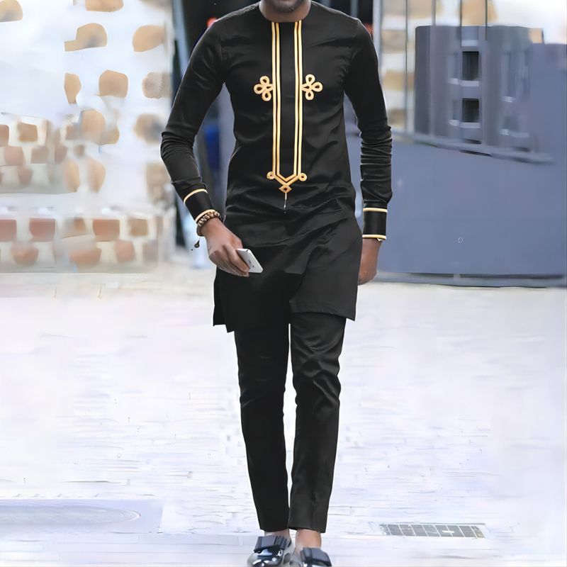 Men's Clothing Ethnic Style Casual Suit Embroidered Shirt And Pants 2 Piece Set_voghion.com