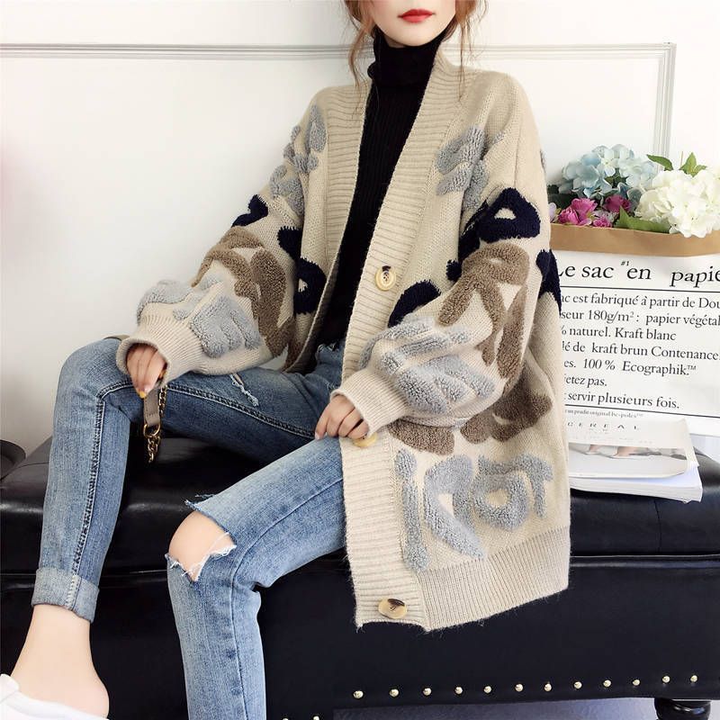 Women's Clothing (Autumn and winter new temperament all match letter flocking contrast color loose lazy style knitted coat sweater cardigan women_voghion.com