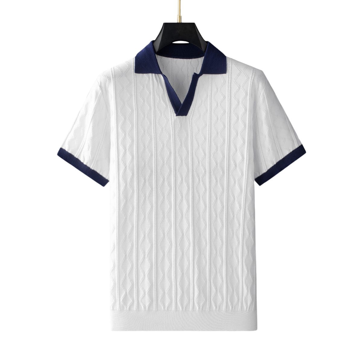 Camisa polo leve e respirável com lapela elástica e textura jacquard, suéter de manga curta slim_voghion.com