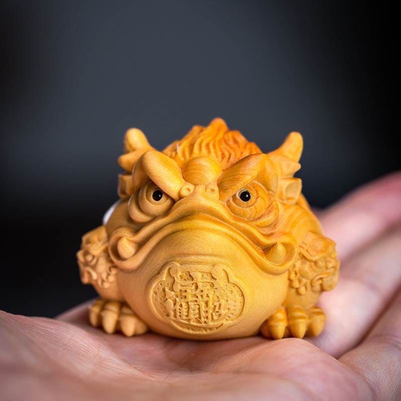 Boxwood Carving Lucky Golden Solid Wood Toad Home Tea Pet Craft Handheld Piece Desktop Ornament Decoration_voghion.com