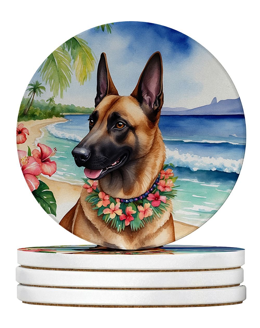 Belgian Malinois Luau Large Sandstone Coasters Pack Of 4 Absorbent Round Coasters Decor Gifts For Men Or Women, 4 In, Multicolor_voghion.com