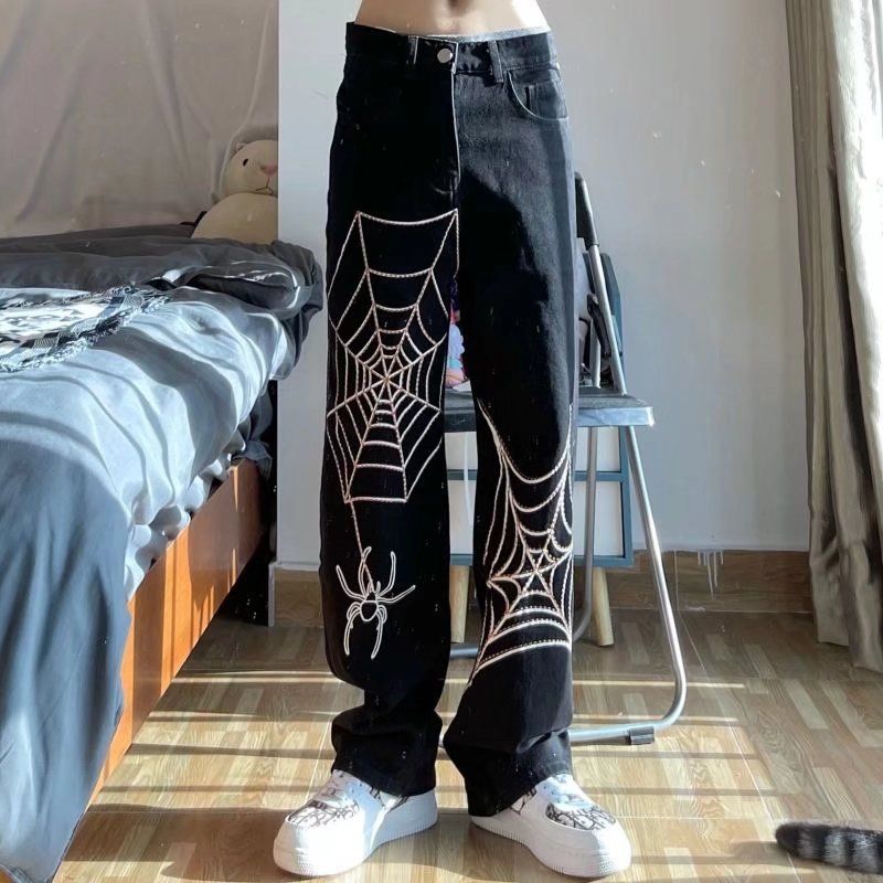 Pantalones casuales rectos con estampado chino chic de primavera y otoño para hombres y mujeres con telaraña oscura y estilo americano de calle principal._voghion.com