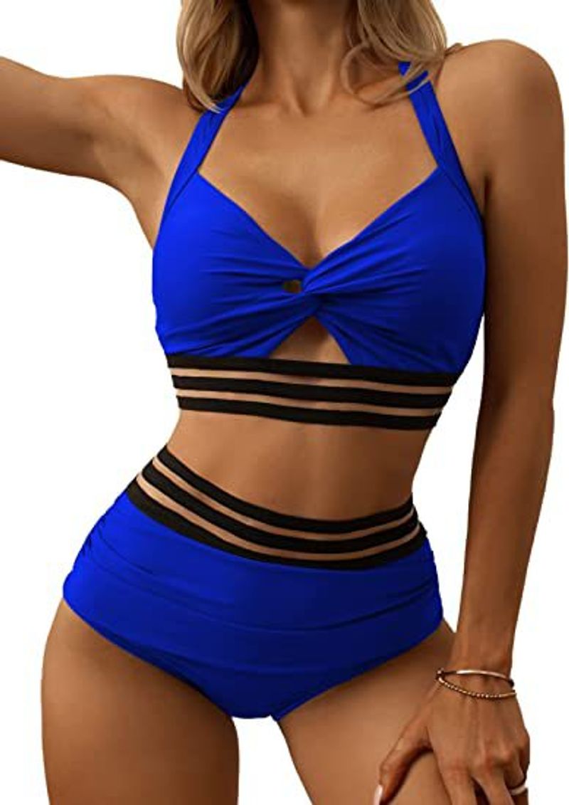 Ensemble bikini deux pièces taille haute raffermissant le ventre avec un décolleté plongeant et un maillot de bain croisé_voghion.com