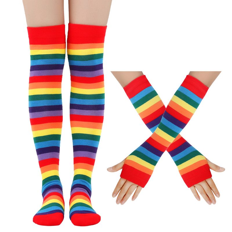 Regenbogensocken, hohe Socken, Kniestrümpfe aus Baumwolle, bunt gestreifte Handschuhe für Damen, Party-Requisiten-Set_voghion.com