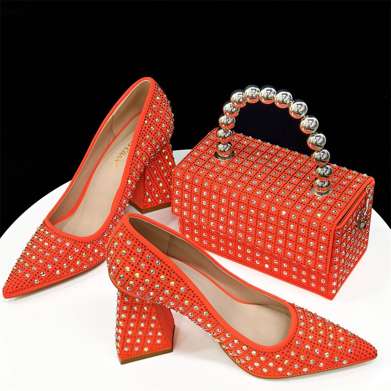 Shoe And Bag Set Combination, Women's Pointed High Heels With Back Cover, Special Shaped Heels, Matched With The Same Style Handbag, Square Box_voghion.com