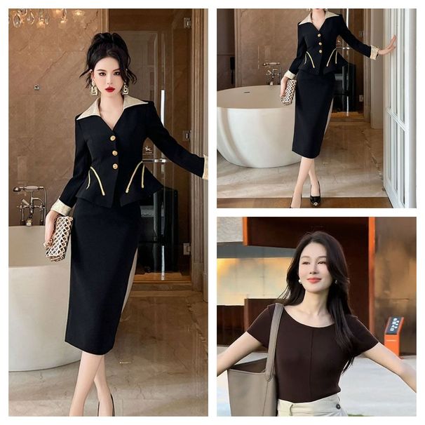 Set due pezzi da donna autunno inverno 2025, top e gonna neri di alta moda_voghion.com