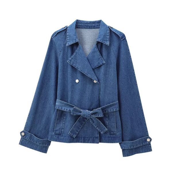 Women's clothing 2024 autumn/winter new item with belt double breasted denim jacket_voghion.com