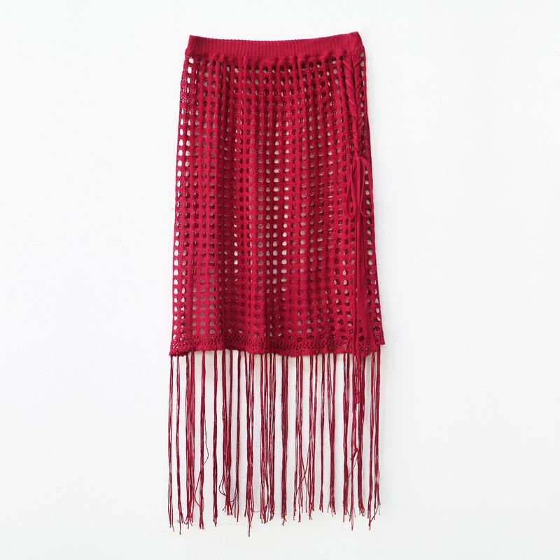 Plus size women's sexy hollow perspective lace long tassel stitching knitted skirt beach skirt_voghion.com