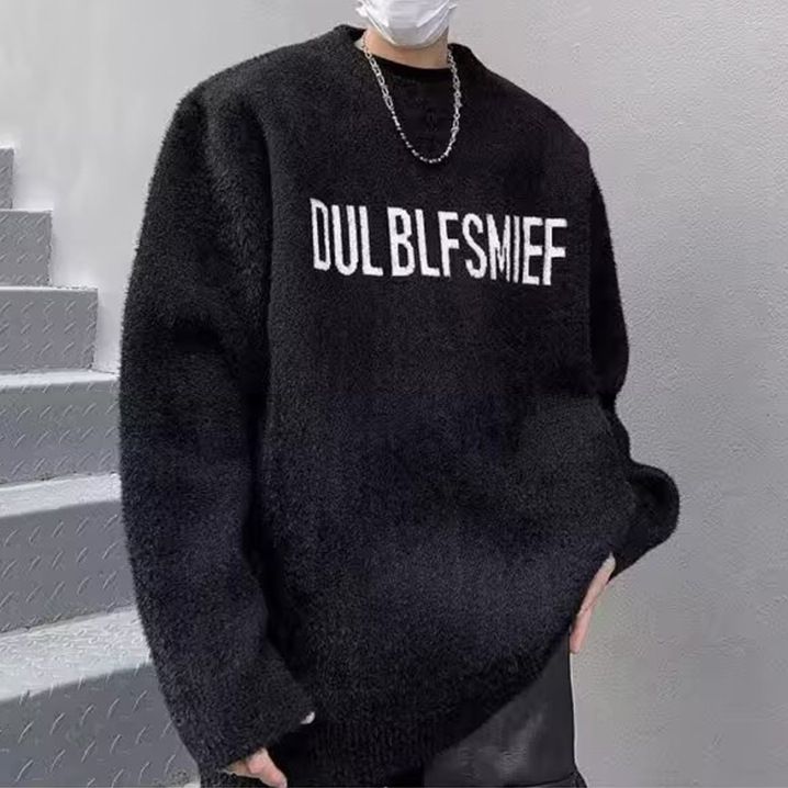 Herrenbekleidung Herrenmode Zopfmusterpullover aus weicher Acrylmischung mit Rundhalsausschnitt, Winter, lässig, bequem, lockere Passform, Buchstabenmuster_voghion.com