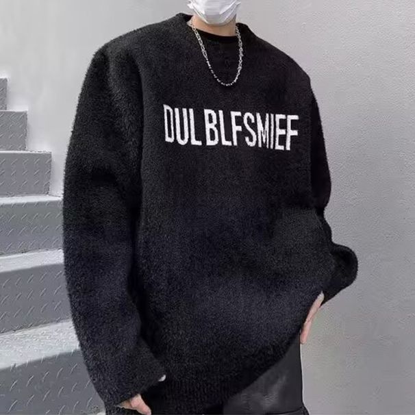 Herrenbekleidung Herrenmode Zopfmusterpullover aus weicher Acrylmischung mit Rundhalsausschnitt, Winter, lässig, bequem, lockere Passform, Buchstabenmuster_voghion.com