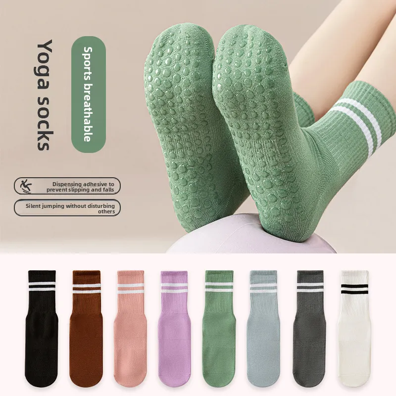 Autumn Winter Dance Sports Women Mid-Calf Parallel Bars Striped Yoga Fitness Pilates Non-Slip Silicone Cotton Socks_voghion.com
