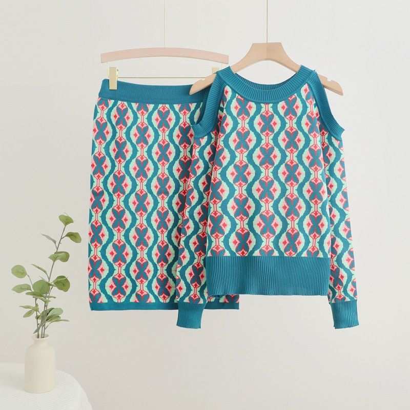 Women's Clothing spring and autumn new fashionable net celebrity suit skirt western style off shoulder sweater knitted hip skirt two piece suit_voghion.com