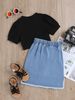 Mädchen-Set aus geripptem Baumwolloberteil und Jeansrock im Used-Look – lässiges zweiteiliges Outfit für Kleinkinder und Kinder (90–130 cm)_voghion.com