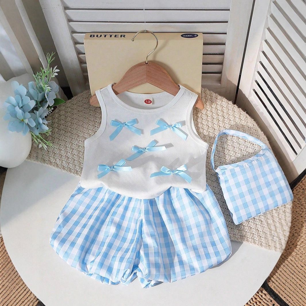 Ensemble 3 pièces pour bébé fille : gilet à nœud papillon, short bloomer vichy et mini sac – Tenue d'été douce et légère (6 mois à 3 ans, blanc)_voghion.com