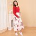 Printed red long sleeved round neck breastfeeding maternity dress_voghion.com