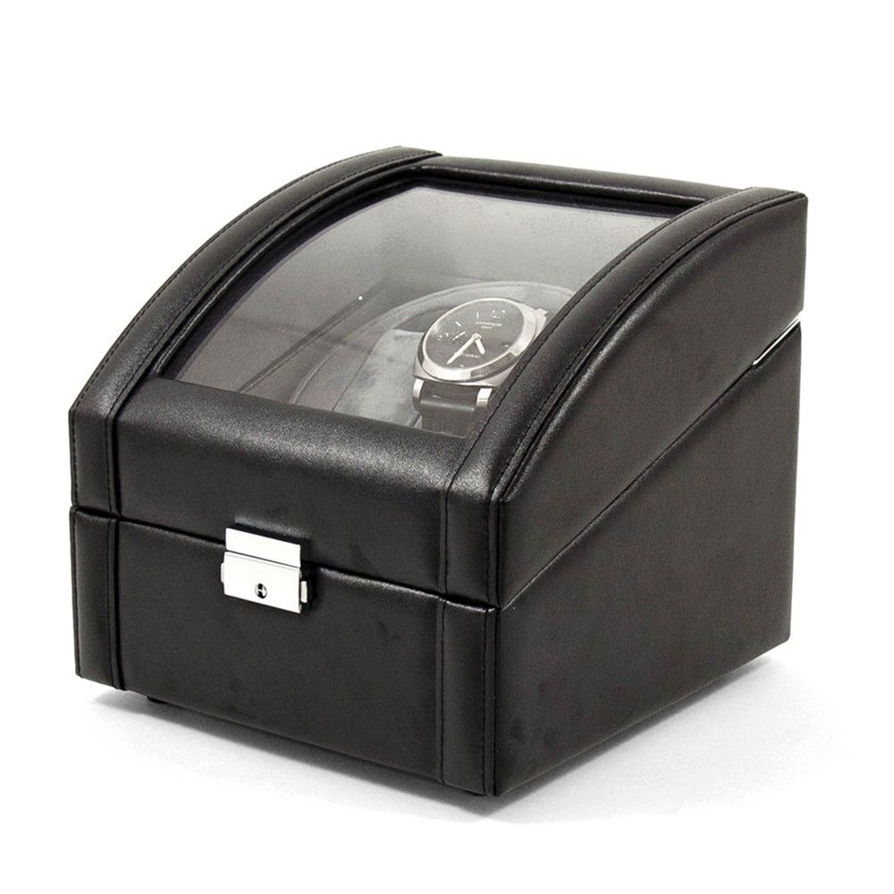 Black Leather Glass Lid Velour Lined Locking Dual Watch Winder With 2 Sizes Of Pillows (AC Or Batteries)_voghion.com