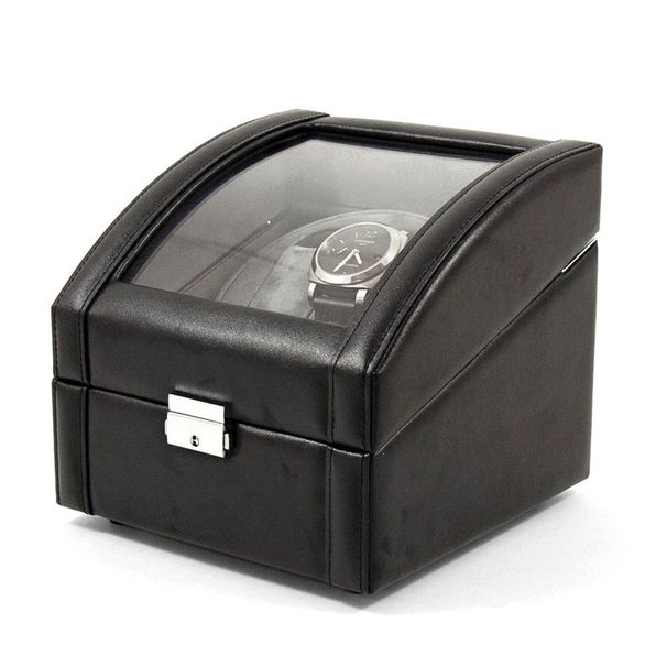 Black Leather Glass Lid Velour Lined Locking Dual Watch Winder With 2 Sizes Of Pillows (AC Or Batteries)_voghion.com