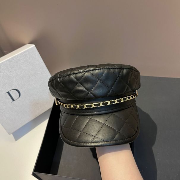 Cappelli ottagonali da donna cappello in pelle scozzese blu scuro alla moda piccola catena di fragranze versatile cappello con visiera piatta che riduce l'età per le donne_voghion.com