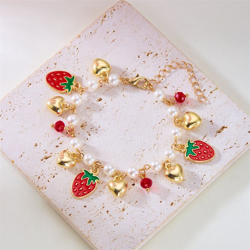 Süße Nette Rote Erdbeere Kirsche Herz Perle Charme Armband Neue Mode Y2K Obst Gold Farbe Kette Schmuck Party Geschenke_voghion.com