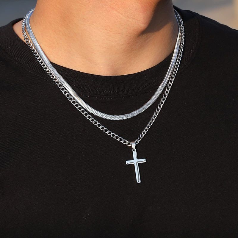 Collana da uomo in acciaio inossidabile con croce a doppio strato e serpente cubano in osso_voghion.com