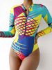 Maillot de bain de plage à manches longues et fermeture éclair pour femme, style conservateur, à séchage rapide, patchwork et blocs de couleurs_voghion.com
