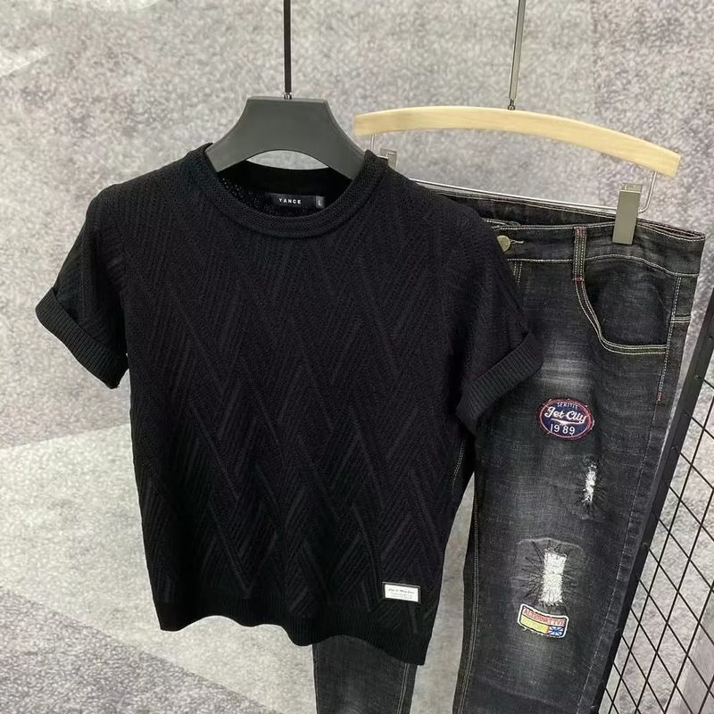 Men's Clothing new brand embroidered short sleeved pullover T shirt sweater men's slim knitted half sleeved bottoming shirt youth top_voghion.com