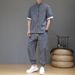 CT Summer New Uomo Cinese Cotone Lino Stile Antico Hanfu Tang Camicia a Maniche Corte Set Due Pezzi_voghion.com