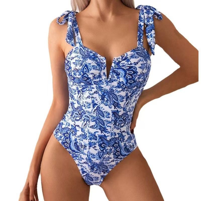 Vêtements pour femmes Nouveau maillot de bain Maillot de bain une pièce pour femme Maillot de bain à col en V Bikini sans bretelles imprimé pour femme_voghion.com
