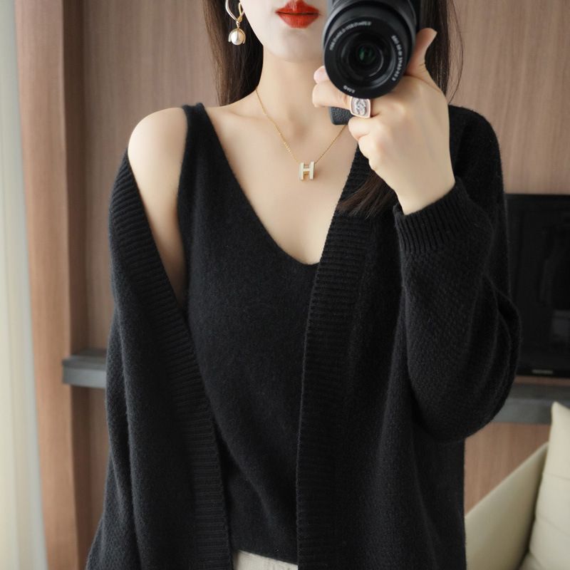 Cardigan tricoté à bretelles, ensemble deux pièces, couleur unie, col en V, manteau pour femme_voghion.com