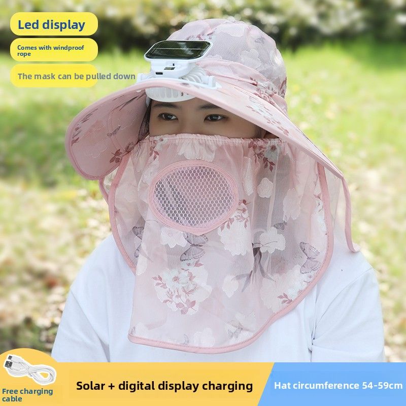 Sommer-Solaraufladung mit Ventilator, Gesichtsschutz für Gewächshäuser, Sonnenschirm, Sonnenschutz, Nackenschutz für den Außenbereich, dünne Teeernte_voghion.com