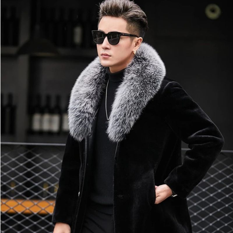 Herren-Pelzmantel, mittellanger Wintermantel für Herren, plus Baumwolle, verdickt, warmer Mantel in Übergröße, Nachahmung eines Fuchspelzkragens, Nachahmung eines Nerzmantels_voghion.com