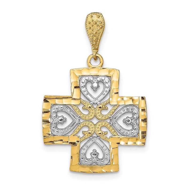 14K W/Rhodium D/C Heart Cross Charm_voghion.com