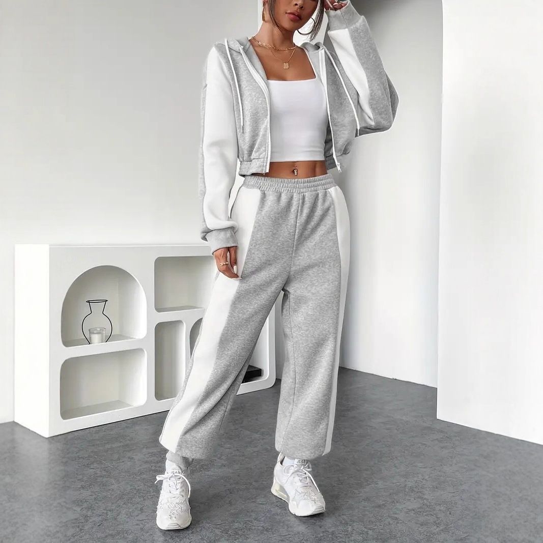 Conjunto de sudadera con capucha extragrande y pantalón deportivo de cintura alta para mujer – Estilo casual color block (Tallas S-XXL, Colores surtidos)_voghion.com