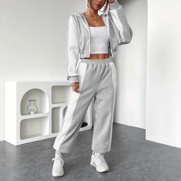 Conjunto de sudadera con capucha extragrande y pantalón deportivo de cintura alta para mujer – Estilo casual color block (Tallas S-XXL, Colores surtidos)_voghion.com