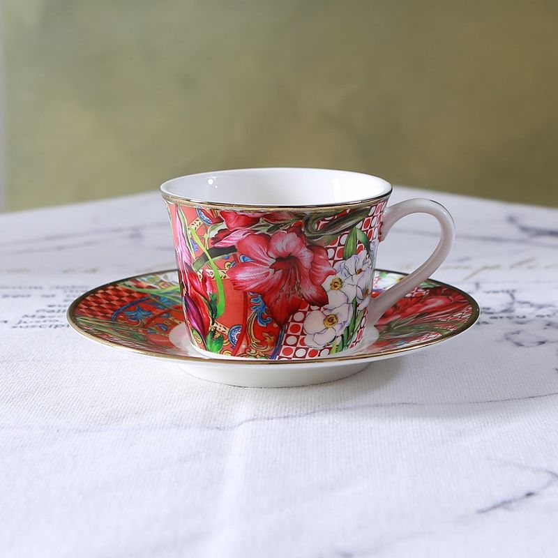 Italian Style Craft Floral Ceramic Coffee And Saucer Villa Club VIP Reception Black Tea Cup_voghion.com