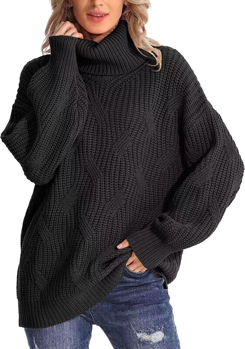 Women's clothing loose turtleneck cable knit sweater pullover long sleeves_voghion.com