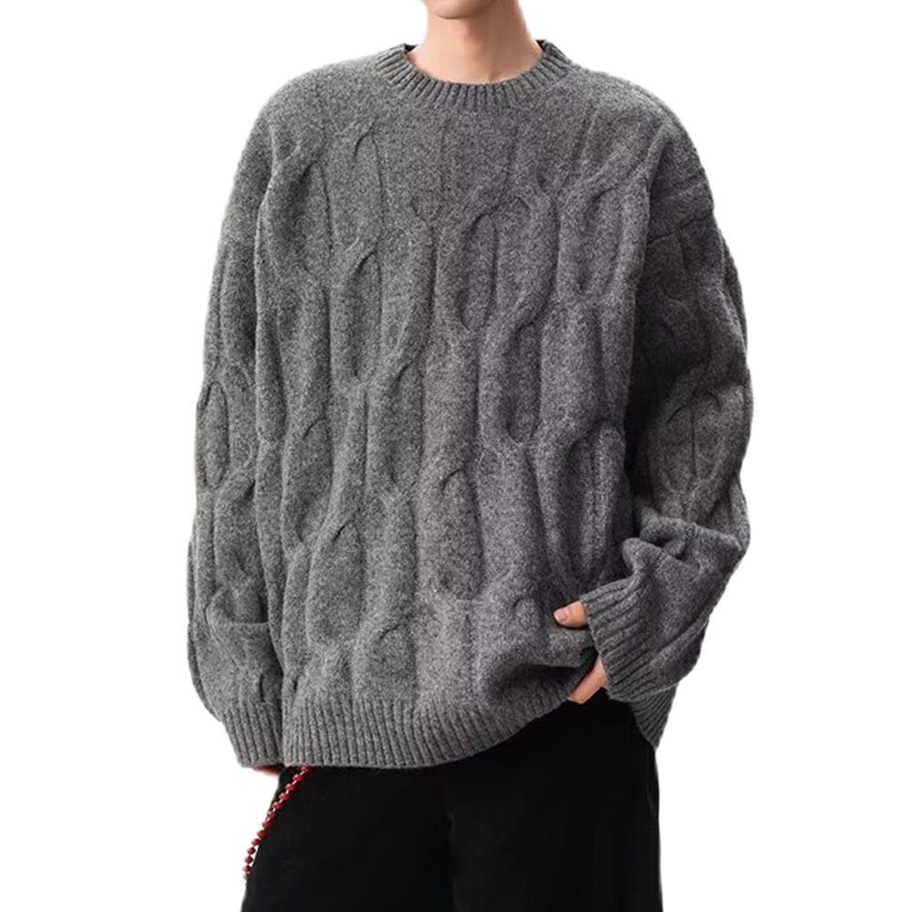 Herren-Strickpullover mit Zopfmuster, lässiger Pullover, Rundhalsausschnitt, lange Ärmel, lockere Passform, bequem, atmungsaktiv, für den Alltag (Grau, Khaki)_voghion.com